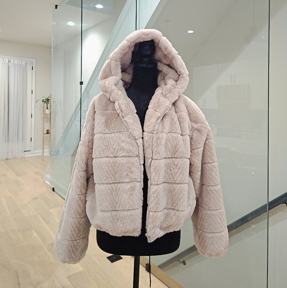 Stella Tweed Plush Hooded Teddy Jacket in Light Beige- FURR